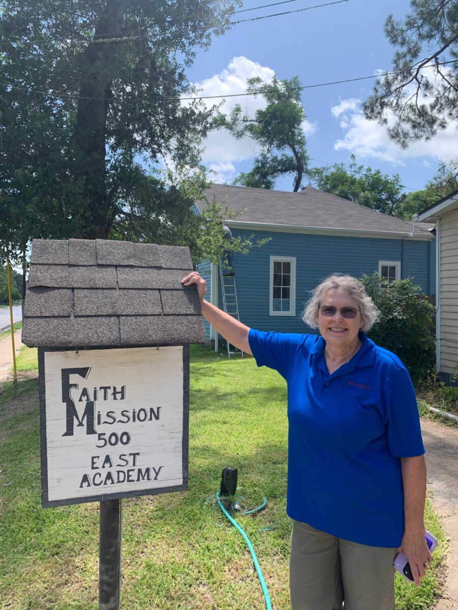 Rosemary, Pam, Teretha, and Xanna at Faith Mission in Brenham, Texas with new mattress pads and sheets