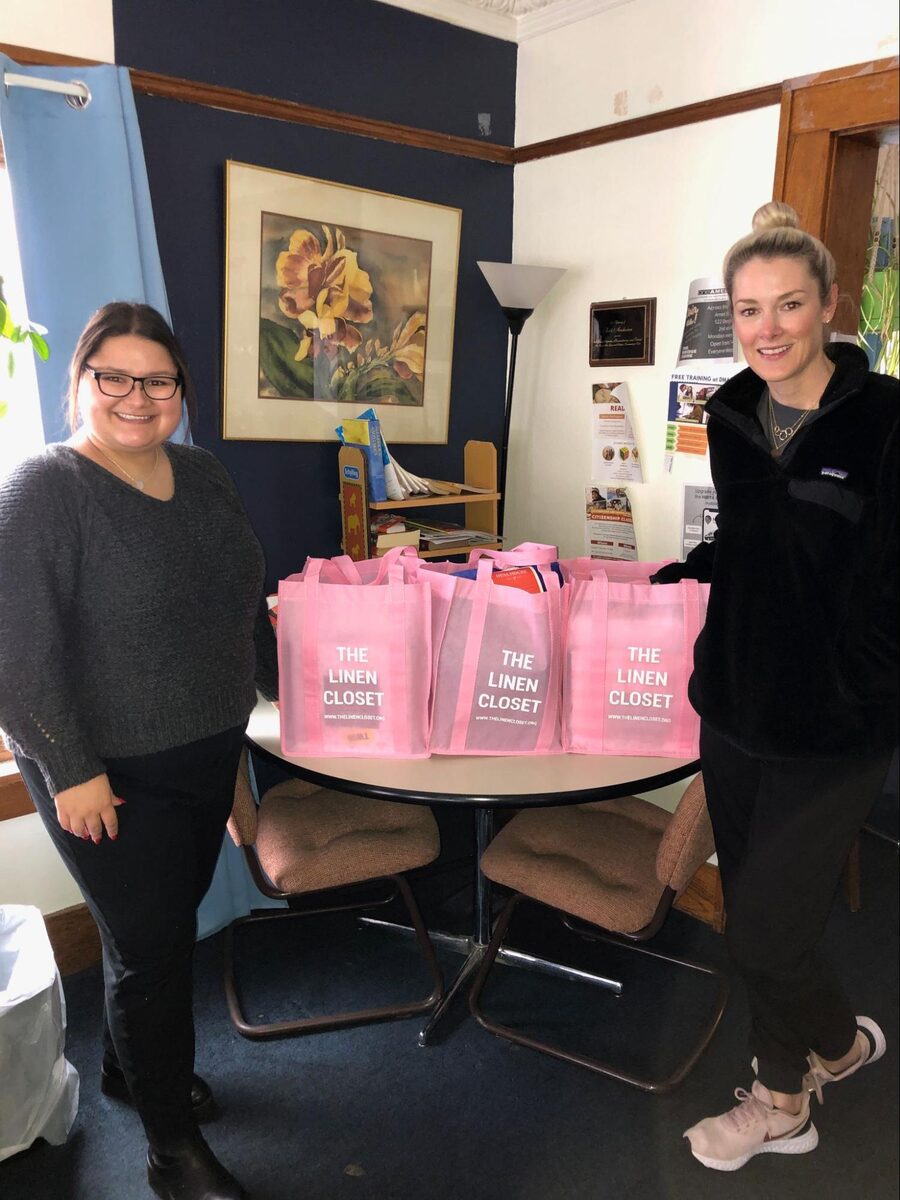 Jasmine Sanchez and Andrea at The Bridge Home in Ames, Iowa with donations from LL Beauty and Mary Greely Hospital